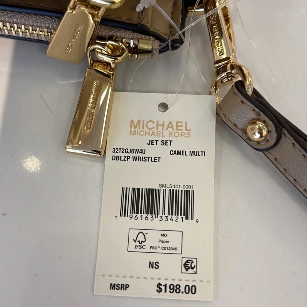 MICHAEL KORS LARGE DOUBLE ZIP WRISTLET WALLET PHONE CASE CLUTCH  Camel Multi